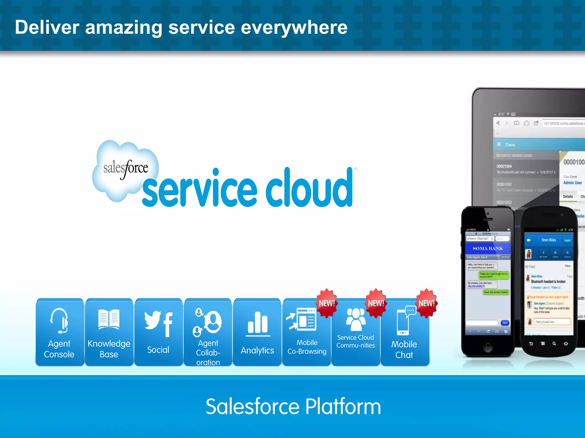 Agent
Console
Knowledge
Base Analytics
Agent
Collab-
oration
Social
Mobile
Chat
Service Cloud
Commu-nitiesMobile
Co-Browsing
Salesforce Platform
Deliver amazing service everywhere
 