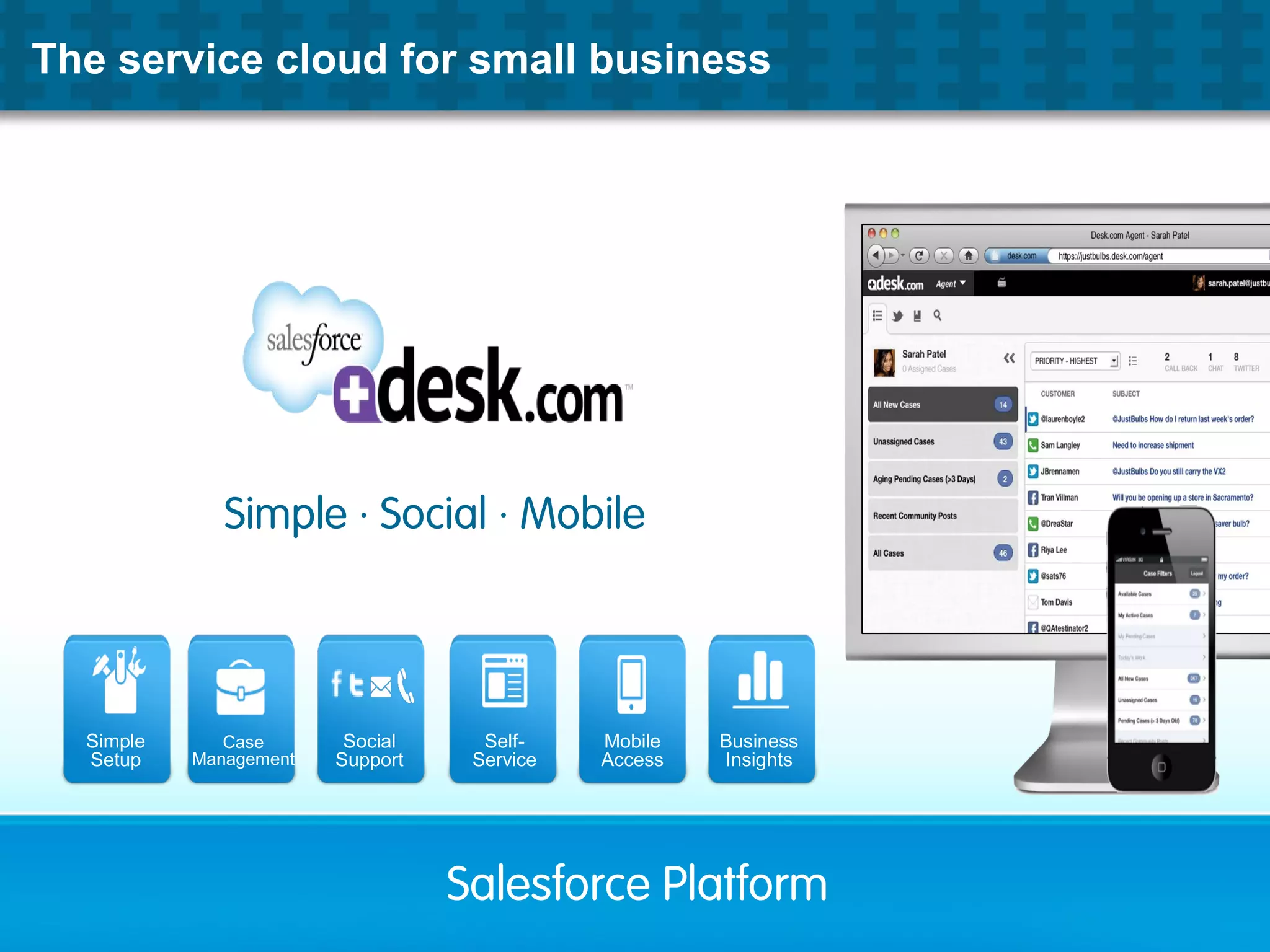 Simple ∙ Social ∙ Mobile
Salesforce Platform
Social
Support
Business
Insights
Mobile
Access
Simple
Setup
Case
Management
Self-
Service
The service cloud for small business
 