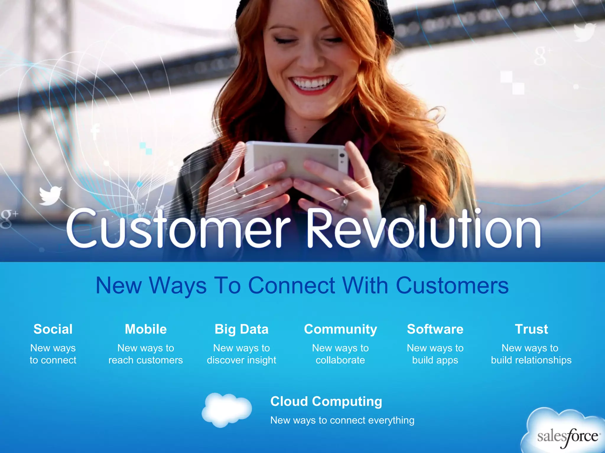 Cloud Computing
New ways to connect everything
New Ways To Connect With Customers
Social
New ways
to connect
Trust
New ways to
build relationships
Mobile
New ways to
reach customers
Big Data
New ways to
discover insight
Community
New ways to
collaborate
Software
New ways to
build apps
 
