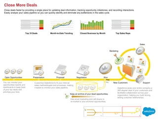 Month-to-Date Trending Closed Business by Month Top Sales Reps
Top 10 Deals
Presentation Proposal Negotiation Won
Yes
No
Open Opportunities
You can monitor your
opportunities reports and
dashboards to keep track
of your top deals and
prioritize your time.
Customize Salesforce to fit your internal
sales methodologies and processes, making
it easier to monitor your sales pipeline.
Use email marketing and call downs to
re-market to your archived opportunities.
Keep an archive of your dead opportunities.
Salesforce gives your entire company a
360-degree view of your customers and
facilitates collaboration across your
organization, helping you build strong,
lasting customer relationships.
Sales
Support
Marketing
New Customers
Close More Deals
Close deals faster by providing a single place for updating deal information, tracking opportunity milestones, and recording interactions.
Easily analyze your sales pipeline so you can quickly identify and eliminate any bottlenecks in the sales cycle.
 