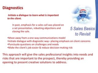 Diagnostics
Initiate a dialogue to learn what is important
to the client.
In past, emphasis for a sales call was placed on
a set presentation, rebutting objections and
closing the sale.
•Move away from a one-way communications model
•Initiate dialogue with diagnostic way– placing emphasis on client concerns
•Punctuate questions on challenges and needs
•Make the client’s job easier & reduce decision-making risk
This approach will give the sales professional insights into needs and
risks that are important to the prospect, thereby providing an
opening to present creative solutions to address.
 
