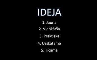 IDEJA
  1. Jauna
2. Vienkārša
3. Praktiska
4. Uzskatāma
 5. Ticama
 