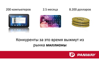 200 компьютеров    2.5 месяца   8.200 долларов




      Конкуренты за это время выжмут из
              рынка миллионы
 