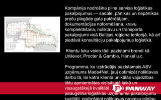 Kompānija nodrošina pilna servisa loģistikas
pakalpojumus — sadale, pārtikas un nepārtikas
preču piegāde gala patērētājam,
dokumentācijas noformēšana, kravu
komplektēšana, noliktavu un transporta
pakalpojumi visā Baltijas reģiona teritorijā, kā arī
piedāvā konsultāciju pakalpojumus loģistikā.

Klientu loku veido tādi pazīstami brendi kā
Unilever, Procter & Gamble, Henkel u.c.

Programma, ko izstrādājis pazīstamais ASV
uzņēmums Made4Net, ļauj optimizēt noliktavas
darbu tā, lai katra klienta unikālās vajadzības
tiktu apmierinātas visīsākajā laikā un
visaugstākajā kvalitātē. Jaunā sistēma
paaugstina loģistikas uzņēmuma pakalpojumu
 