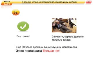 5 вещей, которые происходят с заказчиком мебели      29




5.



 Все готово!                  Запчасти, сервис, дополни
                              тельные заказы

Еще 50 часов времени ваших лучших менеджеров
Этого поставщика больше нет!
 