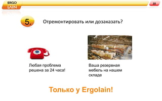 35




5.     Отремонтировать или дозаказать?




 Любая проблема         Ваша резервная
 решена за 24 часа!     мебель на нашем
                        складе


          Только у Ergolain!
 