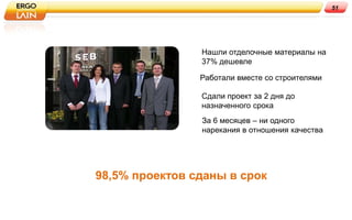 51




                Нашли отделочные материалы на
                37% дешевле

                Работали вместе со строителями

                Сдали проект за 2 дня до
                назначенного срока
                За 6 месяцев – ни одного
                нарекания в отношения качества




98,5% проектов сданы в срок
 