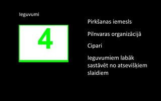 Ieguvumi
           Pirkšanas iemesls



       4   Pilnvaras organizācijā
           Cipari
           Ieguvumiem labāk
           sastāvēt no atsevišķiem
           slaidiem
 