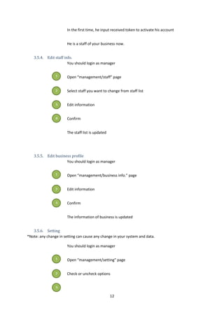 12
In the first time, he input received token to activate his account
He is a staff of your business now.
3.5.4. Edit staff info.
You should login as manager
Open “management/staff” page
Select staff you want to change from staff list
Edit information
Confirm
The staff list is updated
3.5.5. Edit business profile
You should login as manager
Open “management/business info.” page
Edit information
Confirm
The information of business is updated
3.5.6. Setting
*Note: any change in setting can cause any change in your system and data.
You should login as manager
Open “management/setting” page
Check or uncheck options
1
2
3
4
1
2
3
1
2
3
 