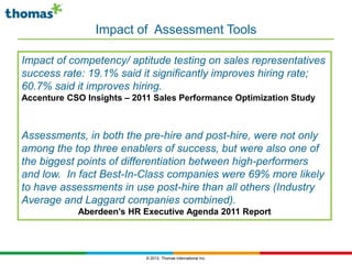 Impact of Assessment Tools

Impact of competency/ aptitude testing on sales representatives
success rate: 19.1% said it significantly improves hiring rate;
60.7% said it improves hiring.
Accenture CSO Insights – 2011 Sales Performance Optimization Study



Assessments, in both the pre-hire and post-hire, were not only
among the top three enablers of success, but were also one of
the biggest points of differentiation between high-performers
and low. In fact Best-In-Class companies were 69% more likely
to have assessments in use post-hire than all others (Industry
Average and Laggard companies combined).
            Aberdeen’s HR Executive Agenda 2011 Report




                            © 2012, Thomas International Inc.
 