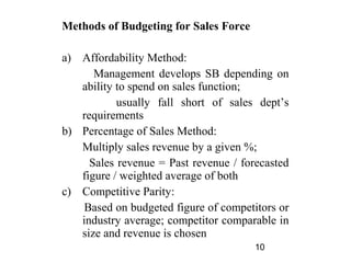 Methods of Budgeting for Sales Force

a) Affordability Method:
      Management develops SB depending on
   ability to spe...