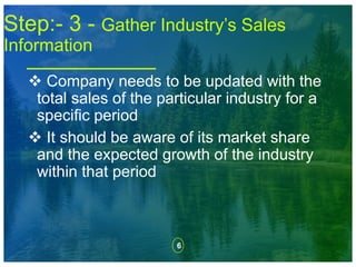 6
Step:- 3 - Gather Industry’s Sales
Information
 Company needs to be updated with the
total sales of the particular industry for a
specific period
 It should be aware of its market share
and the expected growth of the industry
within that period
 