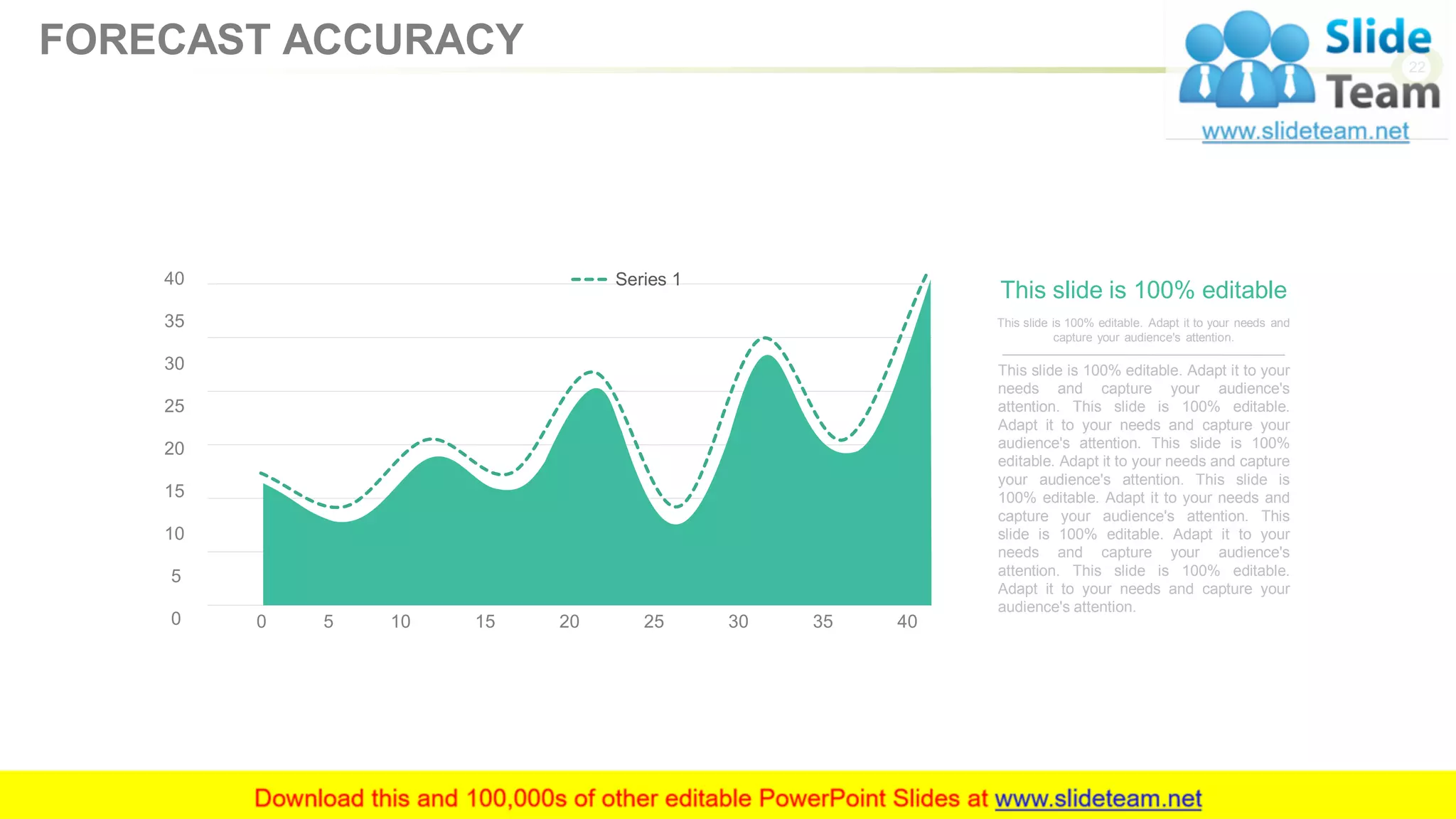 This slide is 100% editable
This slide is 100% editable. Adapt it to your
needs and capture your audience's
attention. This slide is 100% editable.
Adapt it to your needs and capture your
audience's attention. This slide is 100%
editable. Adapt it to your needs and capture
your audience's attention. This slide is
100% editable. Adapt it to your needs and
capture your audience's attention. This
slide is 100% editable. Adapt it to your
needs and capture your audience's
attention. This slide is 100% editable.
Adapt it to your needs and capture your
audience's attention.
This slide is 100% editable. Adapt it to your needs and
capture your audience's attention.
Series 1
0 5 10 15 20 25 30 35 400
5
10
15
20
25
30
35
40
22
FORECAST ACCURACY
 