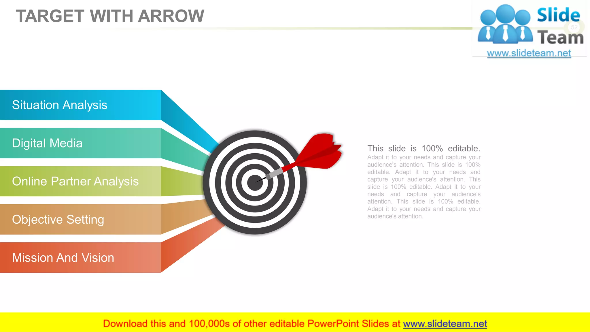 Situation Analysis
Digital Media
Online Partner Analysis
Objective Setting
Mission And Vision
This slide is 100% editable.
Adapt it to your needs and capture your
audience's attention. This slide is 100%
editable. Adapt it to your needs and
capture your audience's attention. This
slide is 100% editable. Adapt it to your
needs and capture your audience's
attention. This slide is 100% editable.
Adapt it to your needs and capture your
audience's attention.
52
TARGET WITH ARROW
 
