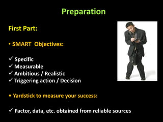 Preparation
First Part:

• SMART Objectives:

 Specific
 Measurable
 Ambitious / Realistic
 Triggering action / Decision

• Yardstick to measure your success:

 Factor, data, etc. obtained from reliable sources
 
