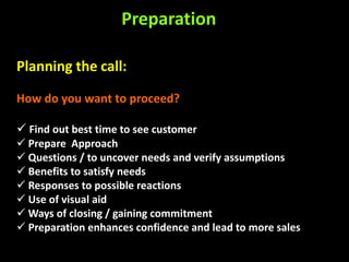 Preparation

Planning the call:

How do you want to proceed?

 Find out best time to see customer
 Prepare Approach
 Questions / to uncover needs and verify assumptions
 Benefits to satisfy needs
 Responses to possible reactions
 Use of visual aid
 Ways of closing / gaining commitment
 Preparation enhances confidence and lead to more sales
 