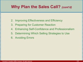 Copyright © Houghton Mifflin Company. All rights reserved. 4–5
Why Plan the Sales Call? (cont’d)
2. Improving Effectiveness and Efficiency
3. Preparing for Customer Reaction
4. Enhancing Self-Confidence and Professionalism
5. Determining Which Selling Strategies to Use
6. Avoiding Errors
 