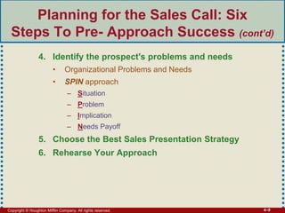 Copyright © Houghton Mifflin Company. All rights reserved. 4–9
Planning for the Sales Call: Six
Steps To Pre- Approach Success (cont’d)
4. Identify the prospect's problems and needs
• Organizational Problems and Needs
• SPIN approach
– Situation
– Problem
– Implication
– Needs Payoff
5. Choose the Best Sales Presentation Strategy
6. Rehearse Your Approach
 