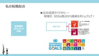 ■会社経営サイドから・・・
現場が、SDGs視点から施策をボトムアップ！
経営方針
私の転職起点
経営戦略
ボトムアップ
計画
 