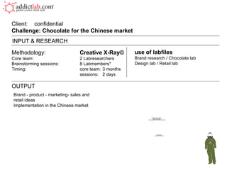 Methodology: Creative X-Ray© Core team: 2 Labresearchers Brainstorming sessions: 8 Labmembers* Timing: core team:  3 months sessions:  2 days Client:  confidential Challenge: Chocolate for the Chinese market  OUTPUT use of labfiles Brand research / Chocolate lab Design lab / Retail lab INPUT & RESEARCH Brand - product - marketing- sales and retail ideas Implementation in the Chinese market 