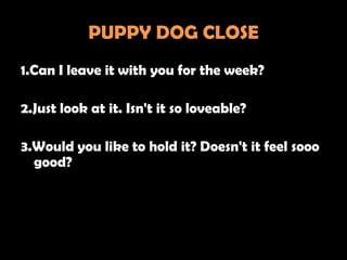 PUPPY DOG CLOSE
1.Can I leave it with you for the week?

2.Just look at it. Isn't it so loveable?

3.Would you like to hold it? Doesn't it feel sooo
  good?
 