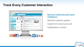 Track Every Customer Interaction
Real-time customer updates
Insights from every touch-point
Collaboration in context
Sell more effectively with social
intelligence
 