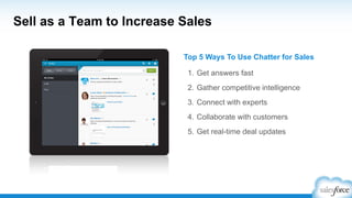 Sell as a Team to Increase Sales
Top 5 Ways To Use Chatter for Sales
1. Get answers fast
2. Gather competitive intelligence
3. Connect with experts
4. Collaborate with customers
5. Get real-time deal updates
 