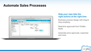 Automate Sales Processes
Business process design with drag &
drop simplicity
Real-time approvals from Chatter
feeds
Automate price approvals, expenses
and more
Help your reps take the
right actions at the right time
 