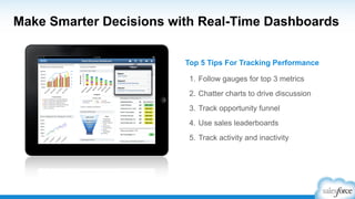 Make Smarter Decisions with Real-Time Dashboards
Top 5 Tips For Tracking Performance
1. Follow gauges for top 3 metrics
2. Chatter charts to drive discussion
3. Track opportunity funnel
4. Use sales leaderboards
5. Track activity and inactivity
 