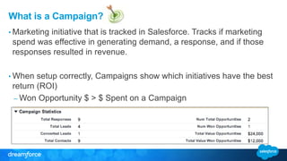 What is a Campaign?
• Marketing initiative that is tracked in Salesforce. Tracks if marketing
spend was effective in generating demand, a response, and if those
responses resulted in revenue.
• When setup correctly, Campaigns show which initiatives have the best
return (ROI)
– Won Opportunity $ > $ Spent on a Campaign
 
