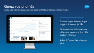 Gérez vos priorités
Suivez la performance par
rapport à vos objectifs
Obtenez des informations
utiles sur vos comptes clés
au bon moment
Allez à l’essentiel, chaque
jour
Aidez vos commerciaux à gérer leurs priorités avec Sales Cloud Home
 