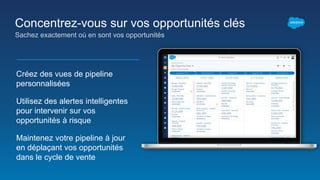 Concentrez-vous sur vos opportunités clés
Sachez exactement où en sont vos opportunités
Créez des vues de pipeline
personnalisées
Utilisez des alertes intelligentes
pour intervenir sur vos
opportunités à risque
Maintenez votre pipeline à jour
en déplaçant vos opportunités
dans le cycle de vente
 