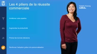 Les 4 piliers de la réussite
commerciale
Natalie Kwong
Améliorez votre pipeline
Augmentez la productivité
Prenez les bonnes décisions
Renforcez l’adoption grâce à la personnalisation
 