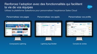 Renforcez l’adoption avec des fonctionnalités qui facilitent
la vie de vos équipes
Utilisez la plateforme Salesforce pour personnaliser l’expérience Sales Cloud
Personnalisez vos pages
Composants Lightning
Personnalisez vos applis
Console de ventes
Personnalisez vos profils
Lightning App Builder
 