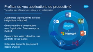 Profitez de vos applications de productivité
Augmentez la productivité avec les
intégrations Office365
Gérez votre boîte de réception
avec l’application Salesforce pour
Outlook
Synchronisez votre calendrier, vos
contacts et vos tâches
Créez des éléments directement
depuis Outlook
Travaillez plus efficacement, mieux et en collaboration
+
 