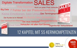 SALES
CODE
55
12 KAPITEL MIT 55 KERNKOMPETENZEN
Digitale Transformation
Neukunden Key Account
SALES
7 Fehler bei der PreisverhandlungBig Data
Keine Emotionen, kein Umsatz
Die Kunst des Scheiterns
Das Termingespräch
Der Kunde ist im Wandel
MegatrendsDer Verkauf im WandelDer neue iVerkäufer
Visual SalesVerkaufen mit allen fünf SinnenGigantischer Verkaufshebel
Nicht um jeden Preis verkaufen
 