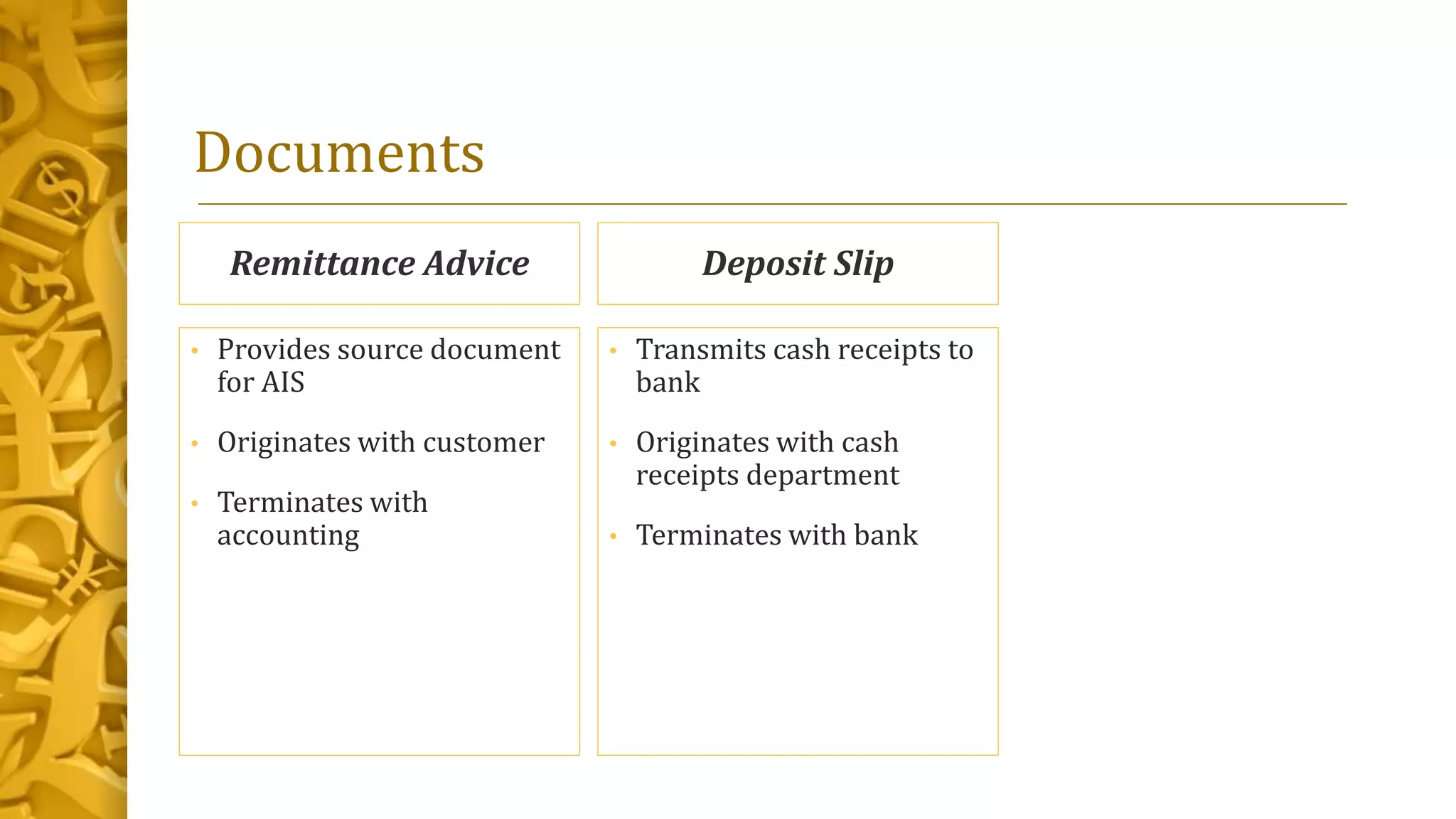 Documents
Remittance Advice
• Provides source document
for AIS
• Originates with customer
• Terminates with
accounting
Deposit Slip
• Transmits cash receipts to
bank
• Originates with cash
receipts department
• Terminates with bank
 