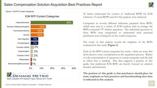 1%
1%
2%
2%
3%
7%
7%
12%
12%
14%
39%
0% 10% 20% 30% 40%
Benchmarking/Best practices
Differentiators
Company culture
Implementation
Company viability
Training/Support
Data integration
Security
Technical/architecture
Business intelligence/Analytics
Features/functions
ICM RFP Content Categories
Xactly Corporation RFP Research Project, February 2014, n=2,961
To better understand the content of traditional RFPS for ICM
solutions, 15 actual RFPS used for this purpose were analyzed.
Companies in several, different industries prepared these RFPs,
which were sent to a variety of ICM vendors, and on average, the
RFPs contained 197 distinct questions. The individual questions in
these RFPs were categorized to understand what potential
purchasers were looking for in the vendor responses.
The result of that analysis reveals the emphasis of the RFPs
evaluated for this study (Figure 2).
Each of the RFP content categories has merit – there are none that
don’t deserve some consideration in the acquisition process. Rather
it is the concentration of questions in certain categories and the lack
in others that is startling. This data supports a premise of this
guide, that traditional ICM RFPs are heavily focused on solution
features and functions.
The position of this guide is that purchasers should place far
more emphasis on best practices and benchmarking data than
is indicated in this analysis.
© 2014 Demand Metric Research Corporation. All Rights Reserved.
Figure 2: ICM RFP Content Categories
11
Sales Compensation Solution Acquisition Best Practices Report
 