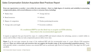From one organization to another – even within the same industry – there is a high degree of creativity and variability in structuring
compensation plans, with several influences on how to structure them, including:
 Market share
 Brand awareness
 Degree of competition
 Average sales cycle length
It requires an approach that goes beyond the scope of a traditional RFP, and instead evaluates the technology, assesses a vendor’s ability to
execute and its ability to help your sales compensation process deliver more value.
Figure 3 on the next page contrasts the scope of the traditional RFP with the recommended scope of a more effective ICM acquisition
approach: There are various tools and resources that can support the broader scope of the recommended acquisition process. These
tools generally include a streamlined, business case-oriented RFP and an accelerated, agile Proof-of-Concept (POC) that aligns the POC goals
with ROI.
© 2014 Demand Metric Research Corporation. All Rights Reserved.
 Average deal size
 Industry
 Product positioning & maturity
 Economic conditions
If a traditional RFP is not the ideal way to acquire an ICM solution,
then what is the recommended approach?
13
Sales Compensation Solution Acquisition Best Practices Report
 