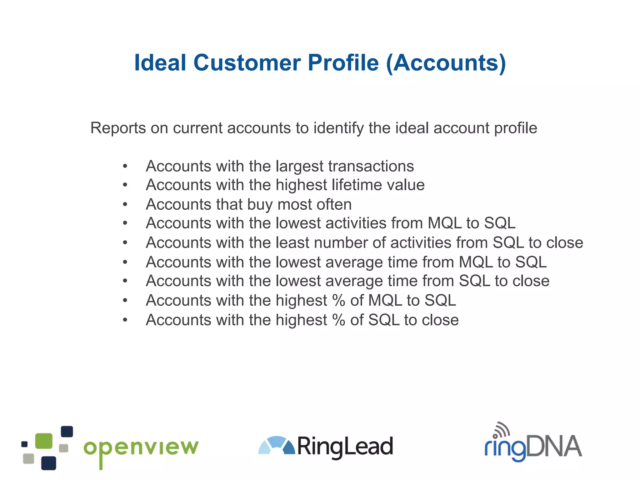 Reports on current accounts to identify the ideal account profile
•  Accounts with the largest transactions
•  Accounts with the highest lifetime value
•  Accounts that buy most often
•  Accounts with the lowest activities from MQL to SQL
•  Accounts with the least number of activities from SQL to close
•  Accounts with the lowest average time from MQL to SQL
•  Accounts with the lowest average time from SQL to close
•  Accounts with the highest % of MQL to SQL
•  Accounts with the highest % of SQL to close
Ideal Customer Profile (Accounts)
 