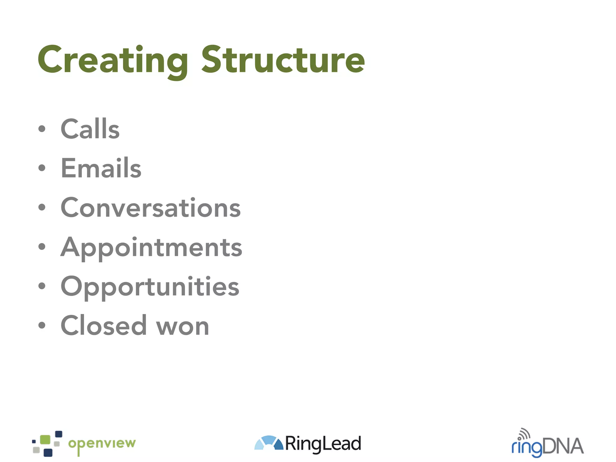 Creating Structure
•  Calls
•  Emails
•  Conversations
•  Appointments
•  Opportunities
•  Closed won
 