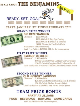 ITS ALL ABOUT   THE BENJAMINS
                                                                  MO
                                                                    NE
                                                                       Y

     READY. SET. GOAL

    START: JANUARY 3 RD FINISH:FEBRUARY 25 TH
           GRAND PRIZE WINNER
               BIG BEN FRANKLIN
                    Choice of   $200.00 Cash
                                $100.00 Cash & Day Spa Outing
                                $100.00 Cash & Dinner & a Movie
                                (80.00 Dinner for 2 at Ruth Chris
                    Steakhouse and Movie Pass)
                    Goal: 1st to Achieve $6700.00 ABR for the contest period

                FIRST PRIZE WINNER
                    SMOKIN’ ULYSESS
                    Choice of     2 $50.00 Bills
                                  $50.00 Cash & $50.00 Outback Gift Certificate
                                  $50.00 Cash & Complete Nail/Pedicure/Facial
                    Goal: Sell 90 lines or achieve $3780.00 ABR for the contest period



                SECOND PRIZE WINNER
                   OLD HICKORY JACKSON
                    Choice of     2 $20.00 Bills
                                  $20.00 Cash & Movie Pass (Popcorn & Drinks)
                                  $20.00 Cash & Nail or Round of Golf
                    Goal: Sell 60 lines or $2500.00 ABR for the contest period


                TEAM PRIZE BONUS
                  PARTY AT JILLIANS
       FOOD – BEVERAGE – BOWLING – GAME CARDS
                    Goal: $18,200.00 ABR for the contest period
 