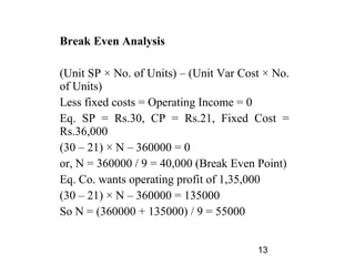 Break Even Analysis

(Unit SP × No. of Units) – (Unit Var Cost × No.
of Units)
Less fixed costs = Operating Income = 0
Eq. SP = Rs.30, CP = Rs.21, Fixed Cost =
Rs.36,000
(30 – 21) × N – 360000 = 0
or, N = 360000 / 9 = 40,000 (Break Even Point)
Eq. Co. wants operating profit of 1,35,000
(30 – 21) × N – 360000 = 135000
So N = (360000 + 135000) / 9 = 55000


                                        13
 