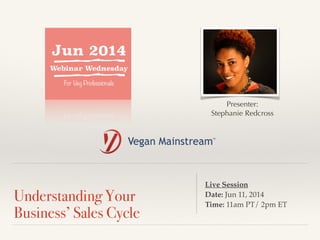 ! 
Understanding Your 
Business’ Sales Cycle 
Presenter: 
Stephanie Redcross 
Live Session ! 
Date: Jun 11, 2014 ! 
Time: 11am PT/ 2pm ET 
 