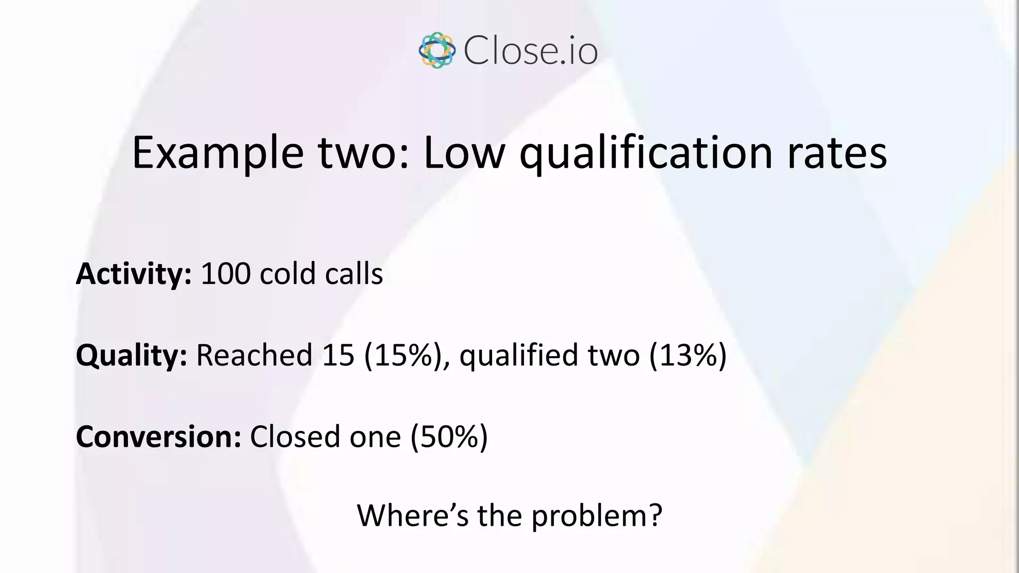Example two: Low qualification rates
Activity: 100 cold calls
Quality: Reached 15 (15%), qualified two (13%)
Conversion: Closed one (50%)
Where’s the problem?
 