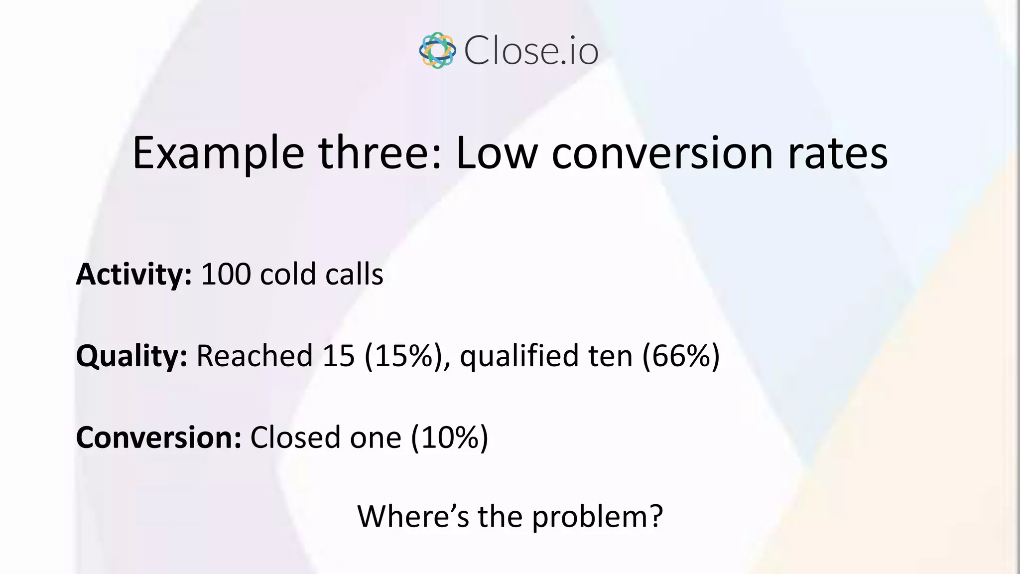 Example three: Low conversion rates
Activity: 100 cold calls
Quality: Reached 15 (15%), qualified ten (66%)
Conversion: Closed one (10%)
Where’s the problem?
 