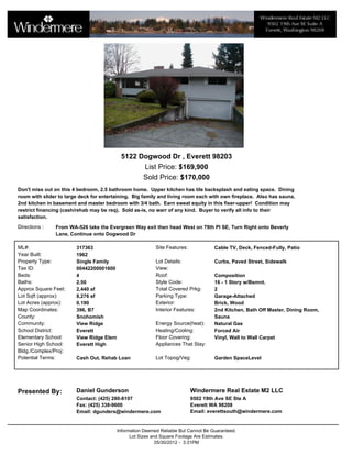 5122 Dogwood Dr , Everett 98203
                                                 List Price: $169,900
                                                 Sold Price: $170,000
Don't miss out on this 4 bedroom, 2.5 bathroom home. Upper kitchen has tile backsplash and eating space. Dining
room with slider to large deck for entertaining. Big family and living room each with own fireplace. Also has sauna,
2nd kitchen in basement and master bedroom with 3/4 bath. Earn sweat equity in this fixer-upper! Condition may
restrict financing (cash/rehab may be req). Sold as-is, no warr of any kind. Buyer to verify all info to their
satisfaction.

Directions :   From WA-526 take the Evergreen Way exit then head West on 79th Pl SE, Turn Right onto Beverly
               Lane, Continue onto Dogwood Dr

ML#:                    317363                             Site Features:            Cable TV, Deck, Fenced-Fully, Patio
Year Built:             1962
Property Type:          Single Family                      Lot Details:              Curbs, Paved Street, Sidewalk
Tax ID:                 00442200001600                     View:
Beds:                   4                                  Roof:                     Composition
Baths:                  2.50                               Style Code:               16 - 1 Story w/Bsmnt.
Approx Square Feet:     2,440 sf                           Total Covered Prkg:       2
Lot Sqft (approx):      8,276 sf                           Parking Type:             Garage-Attached
Lot Acres (approx):     0.190                              Exterior:                 Brick, Wood
Map Coordinates:        396, B7                            Interior Features:        2nd Kitchen, Bath Off Master, Dining Room,
County:                 Snohomish                                                    Sauna
Community:              View Ridge                         Energy Source(heat):      Natural Gas
School District:        Everett                            Heating/Cooling:          Forced Air
Elementary School:      View Ridge Elem                    Floor Covering:           Vinyl, Wall to Wall Carpet
Senior High School:     Everett High                       Appliances That Stay:
Bldg./Complex/Proj:
Potential Terms:        Cash Out, Rehab Loan               Lot Topog/Veg:            Garden SpaceLevel




Presented By:           Daniel Gunderson                                    Windermere Real Estate M2 LLC
                        Contact: (425) 280-8107                             9502 19th Ave SE Ste A
                        Fax: (425) 338-9600                                 Everett WA 98208
                        Email: dgunders@windermere.com                      Email: everettsouth@windermere.com


                                          Information Deemed Reliable But Cannot Be Guaranteed.
                                                Lot Sizes and Square Footage Are Estimates.
                                                            05/30/2012 - 3:31PM
 