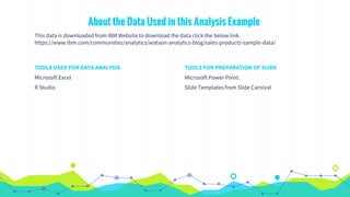 About the Data Used in this Analysis Example
This data is downloaded from IBM Website to download the data click the below link.
https://www.ibm.com/communities/analytics/watson-analytics-blog/sales-products-sample-data/
TOOLS USED FOR DATA ANALYSIS
Microsoft Excel
R Studio
TOOLS FOR PREPARATION OF SLIDE
Microsoft Power Point.
Slide Templates from Slide Carnival
 