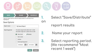 1. Select “Save/Distribute”
on
report results
2. Name your report
3. Select reporting period.
(We recommend “Most
recent 1 week”)
 