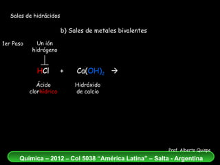 Sales de hidrácidos b) Sales de metales bivalentes H Cl  +  Ca( OH) 2      CaCl 2   +  H 2 O Ácido clor hídrico Hidróxido de calcio Un ión hidrógeno 1er Paso 
